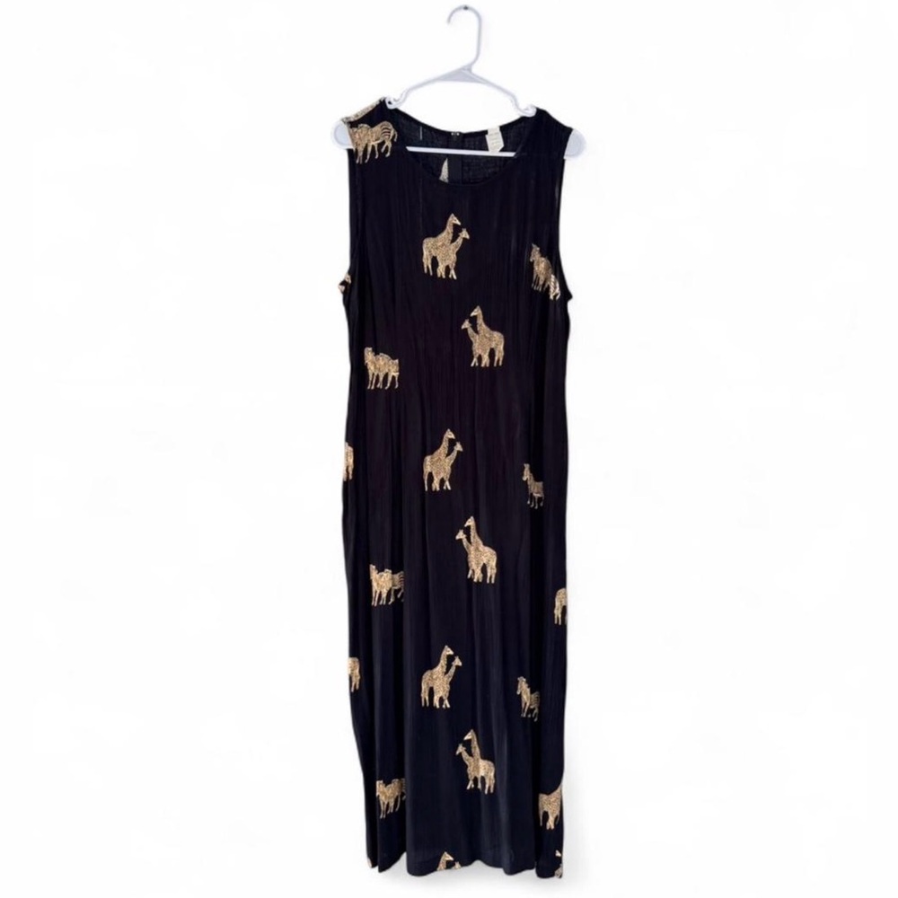 Vintage 90s Black Rayon Safari Animal Print Midi Dress Made in USA Size 16